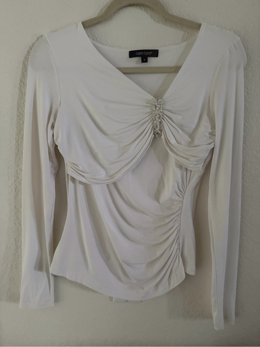 Karen Kane White Ruched Draped Blouse Embellished Faux Pearl Rhinestone S